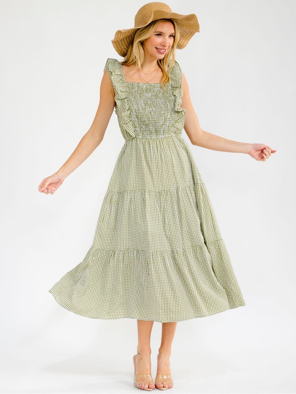 Hayden Los Angeles Green Gingham Smocked Tiered Midi Dress NWT Size Large